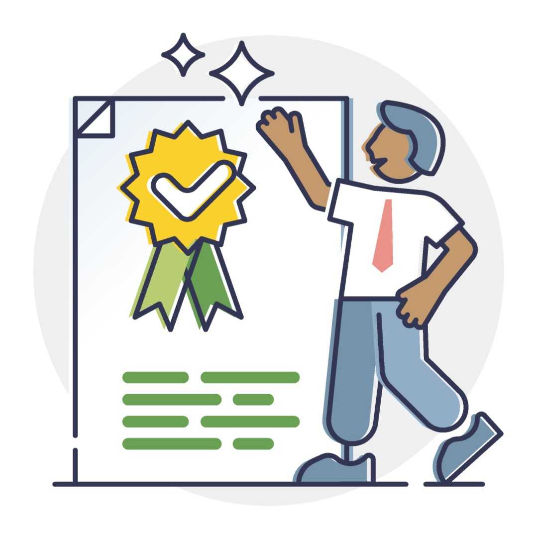 Illustration of a person with an approved certificate and check mark, representing verified documents or approvals.