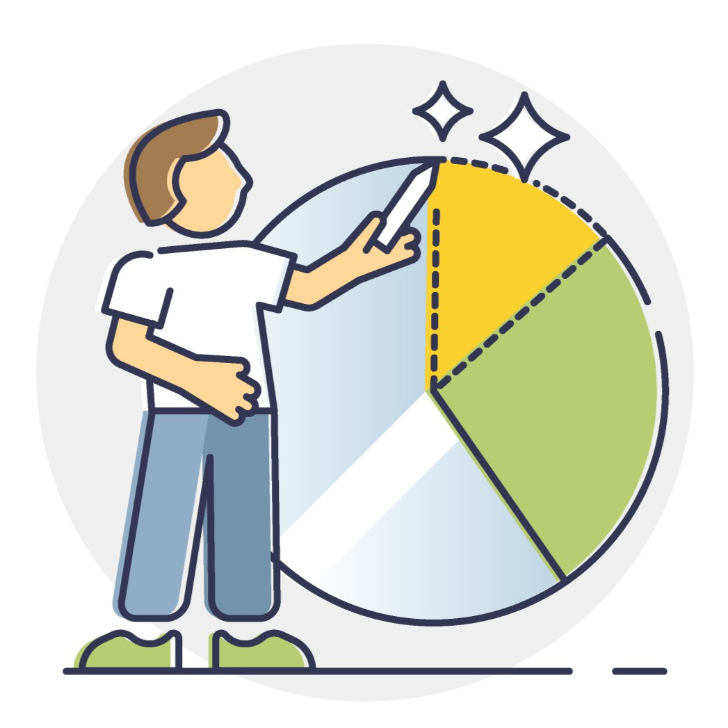 Illustration of a person presenting a pie chart, representing budgeting, planning, and financial review.