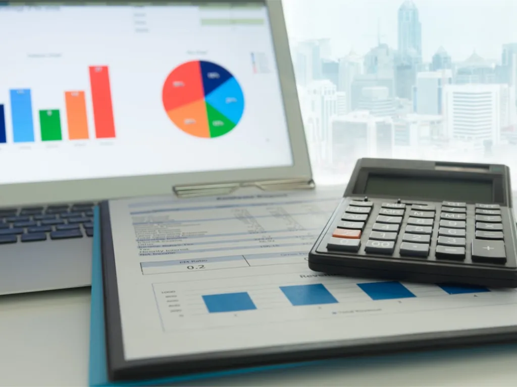 Image with a backdrop of a city skyline and an open laptop displaying a colorful bar chart and pie graph with an open portfolio below it alonsgide a calculator on top of a page containing investment data.