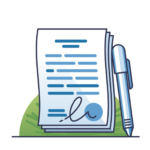 Illustration of signed legal documents with a pen, representing contracts, paperwork, and legal documentation.