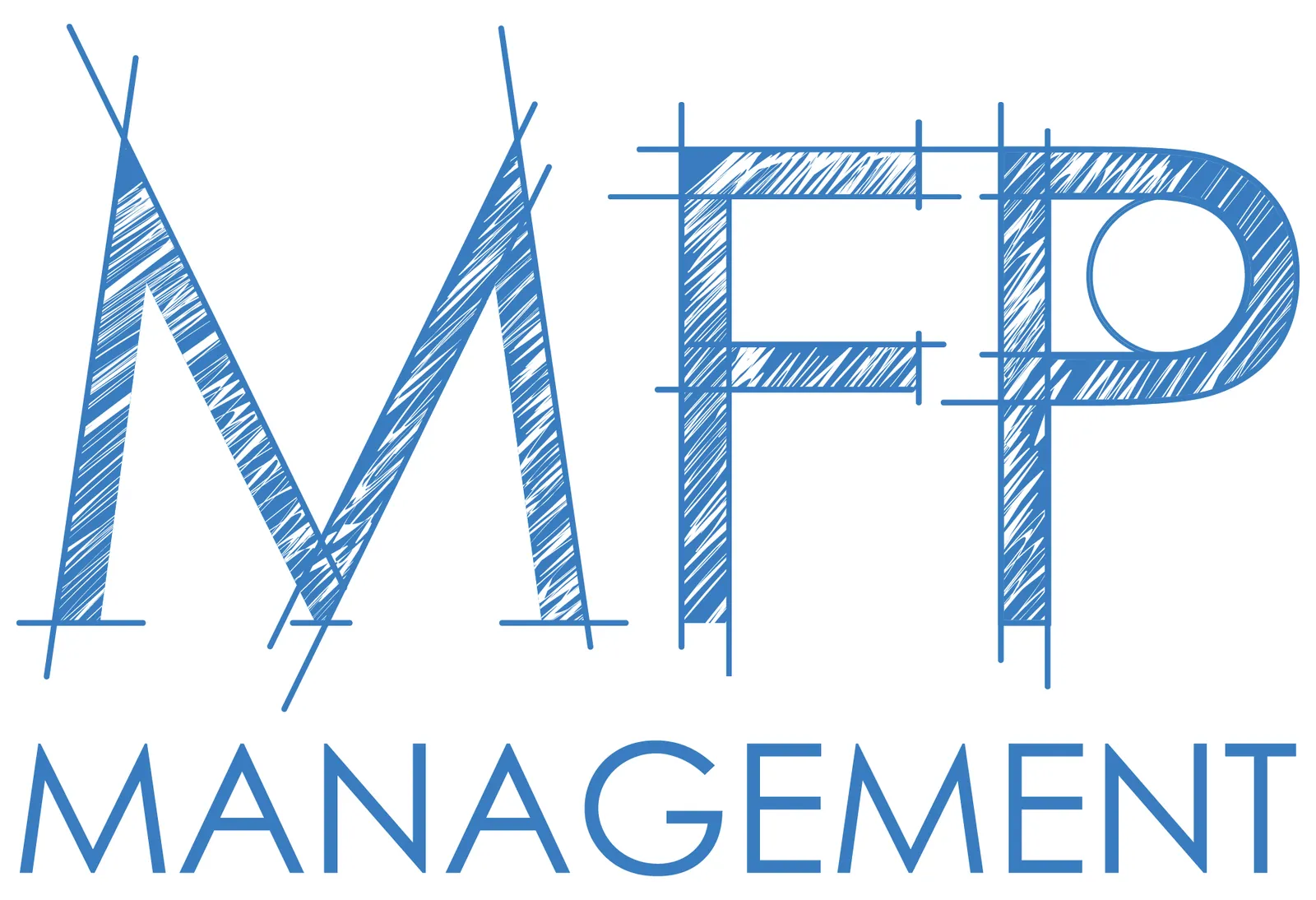 MFP Management logo in blue blueprint-style lettering on a light background.