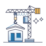 Illustration of a construction crane assembling a house, representing new development and final-phase construction property management services.