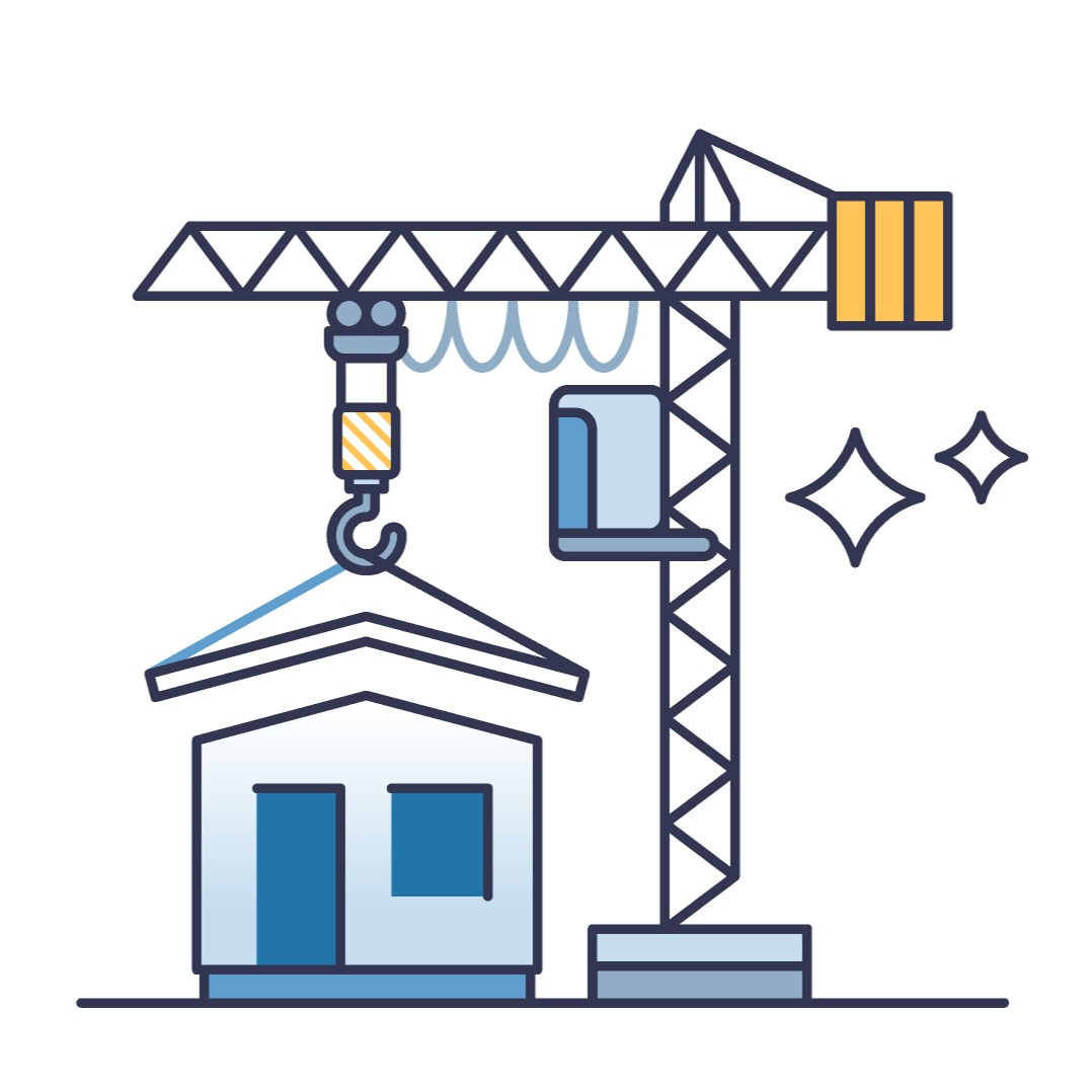 Illustration of a construction crane assembling a house, representing new development and final-phase construction property management services.