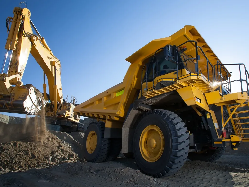 Large yellow dump truck and excavator working at a new development construction site.