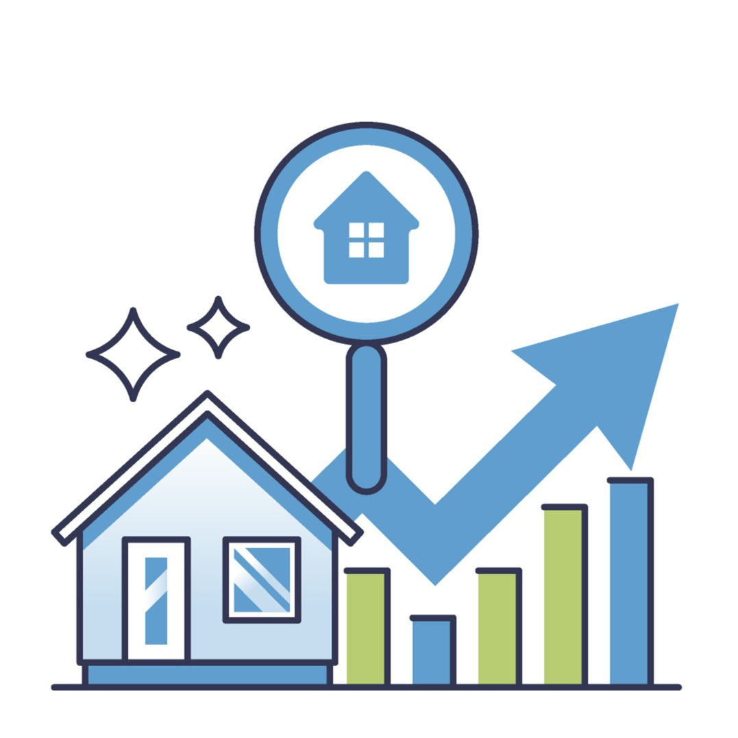 Illustration of a house with a magnifying glass, chart bars, and an upward arrow, representing property analysis and market trends.