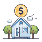 Illustration of a house with a dollar coin above the roof, representing property investment and real estate value.