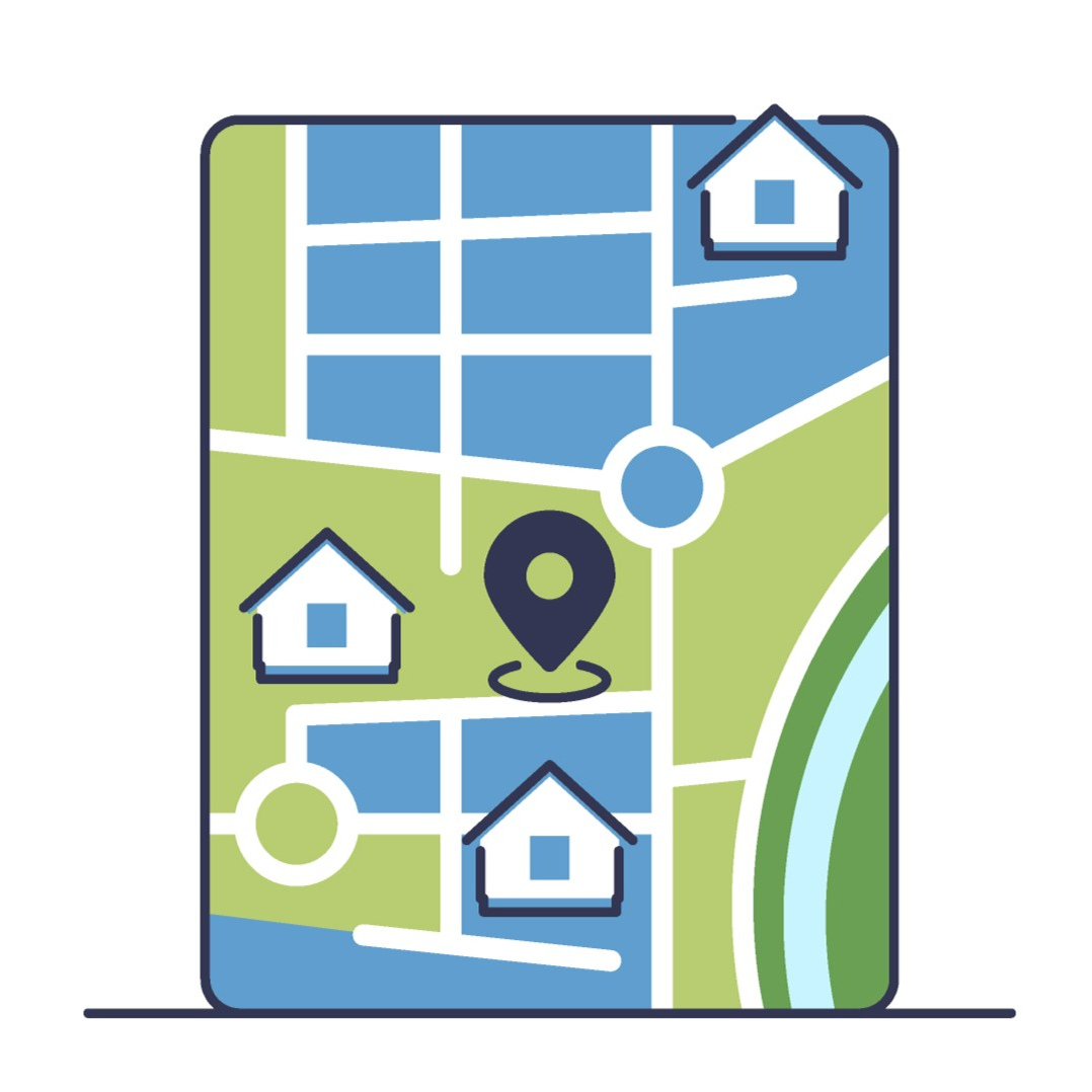 Illustration of a map with multiple house markers and a location pin, representing property locations and service areas.