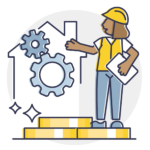 Illustration of a maintenance worker with a clipboard beside a house and gears, representing property maintenance services.