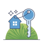 Illustration of a house-shaped keychain attached to a key, representing property management and building access.