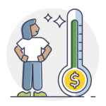 Illustration of a person standing beside a dollar thermometer, representing profit growth and financial performance.