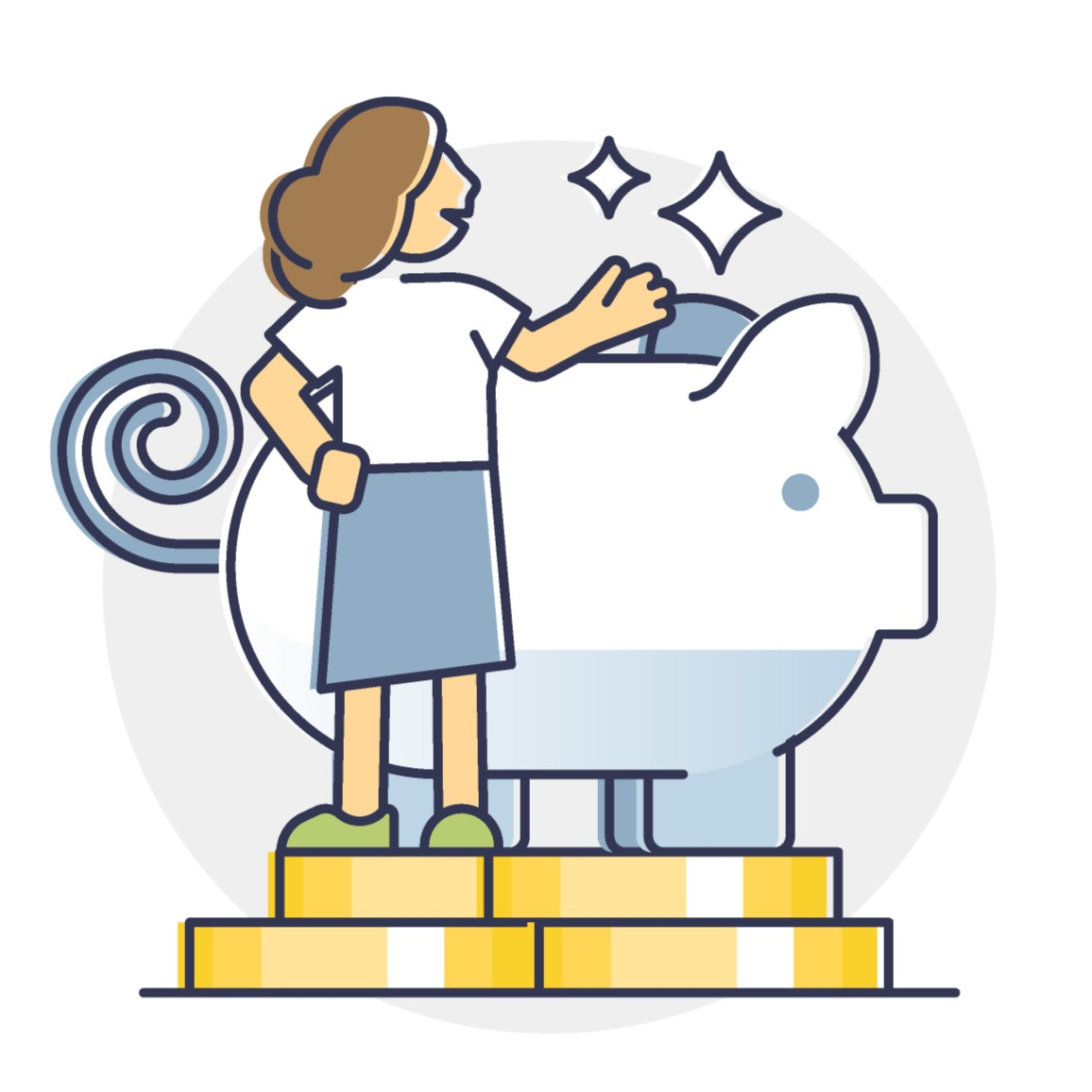 Illustration of a person standing beside a piggy bank on stacked coins, representing savings and cost control.