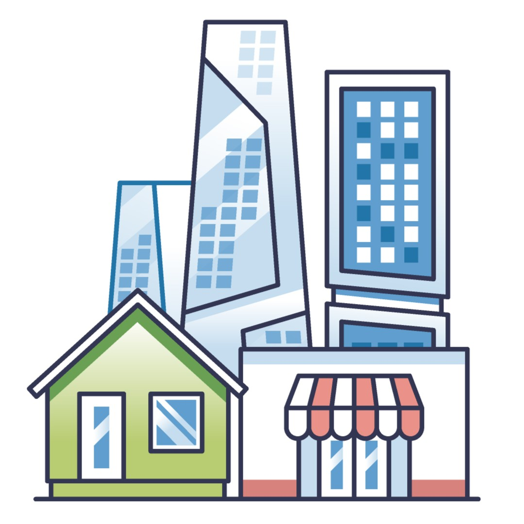 Illustration of a house, storefront, and tall buildings, representing multiple residential and commercial property types.