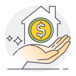 Illustration of a hand supporting a house with a dollar symbol, representing property value and asset protection.
