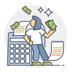 Illustration of a person holding cash beside a calculator and receipt, representing return on investment and financial analysis.